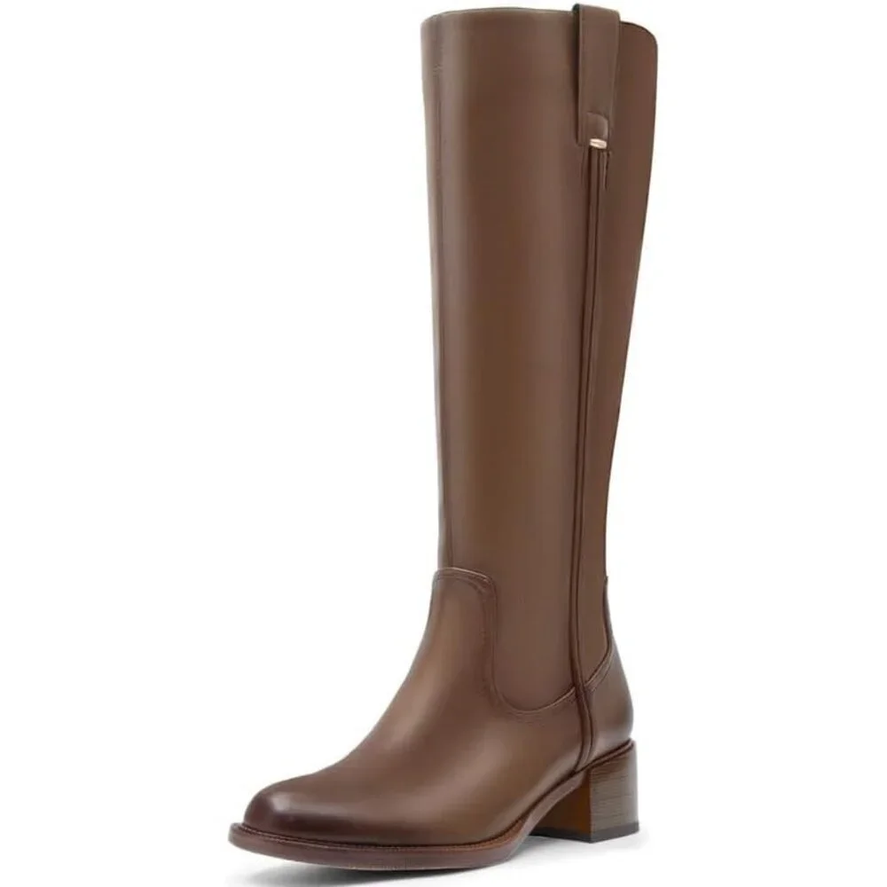 Women's Khaki Chunky Low Block Heel Round Toe Faux Leather Knee High Boots